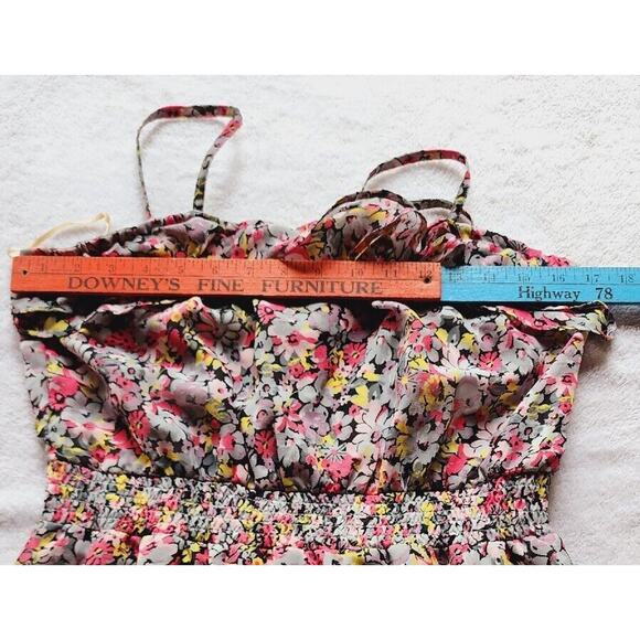 Y2K Pink Floral Chiffon ruffle mini Dress Sz Large Spaghetti Straps Lined chintz - Picture 8 of 12
